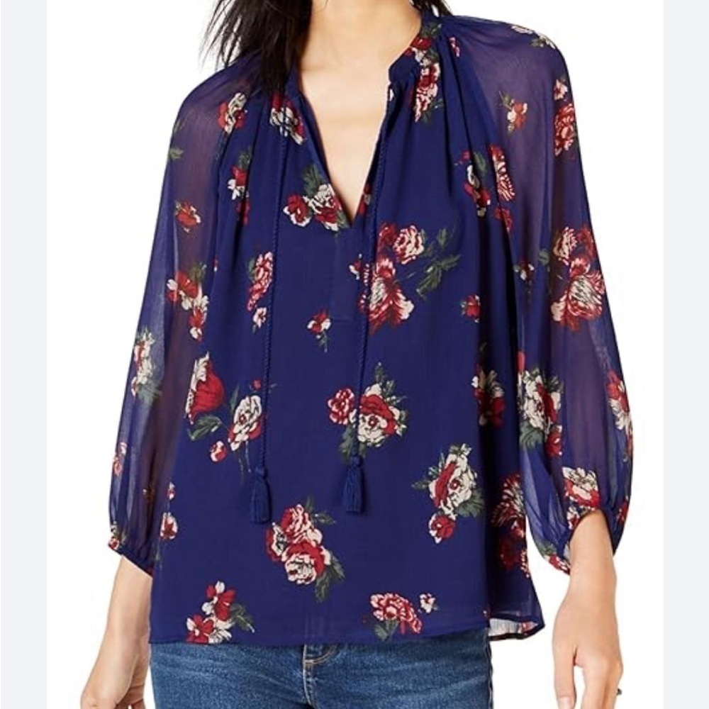 Lucky Brand Blue Chiffon Red Rose Floral Peasant V Neck Boho Blouse Size XS - Picture 2 of 11
